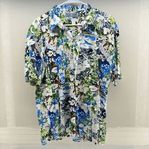 PACIFIC SCENE Men’s Blue & White Floral Hawaiian Button Down Shirt, Size L
